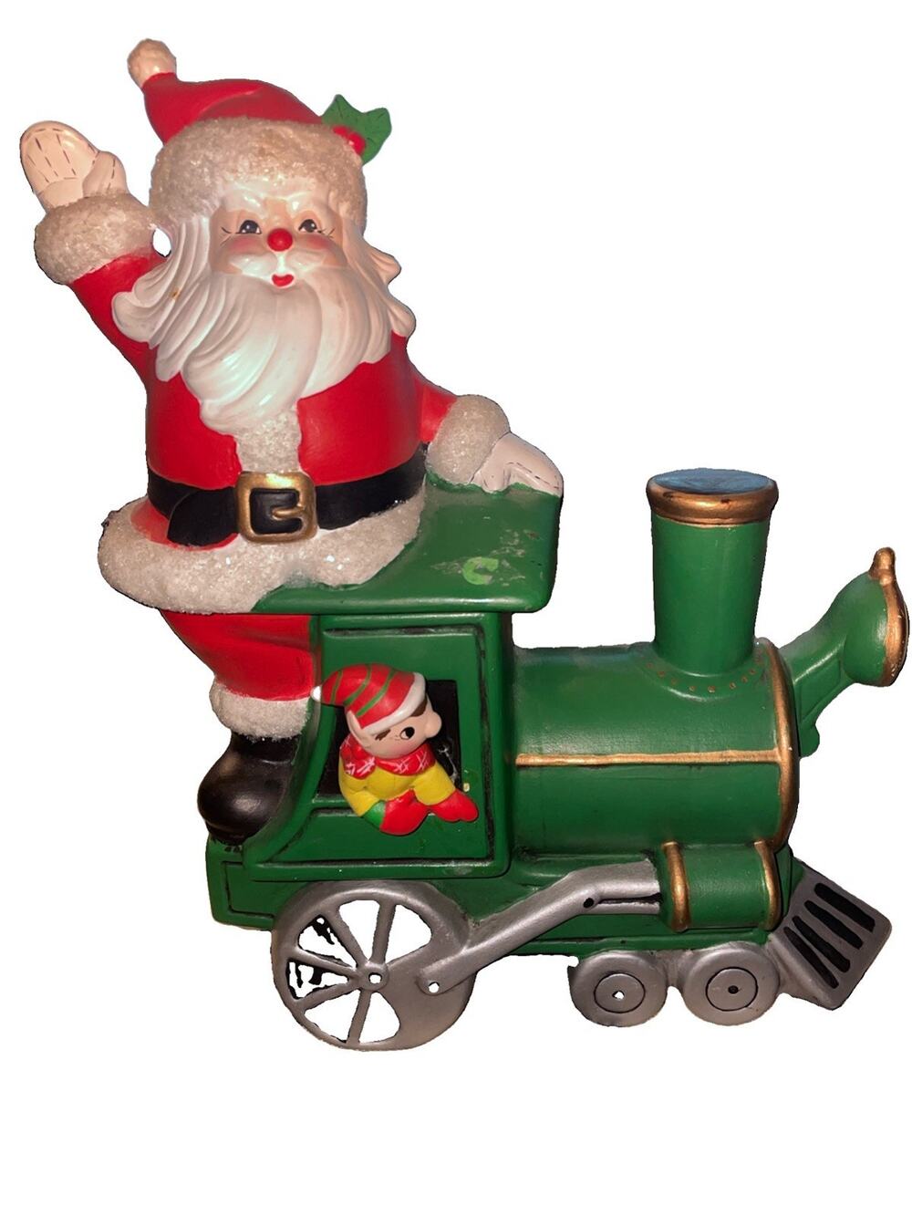 Vintage Santa Clause On A Train Christmas Cookie Jar With His Elf 12x10